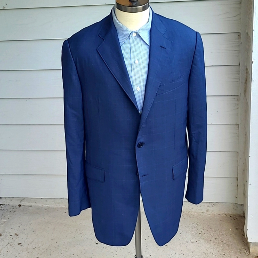 ADRIAN JULES Custom‎ Bespoke Navy Blue Grey Plaid Sz 42 R L Mens Sport Coat